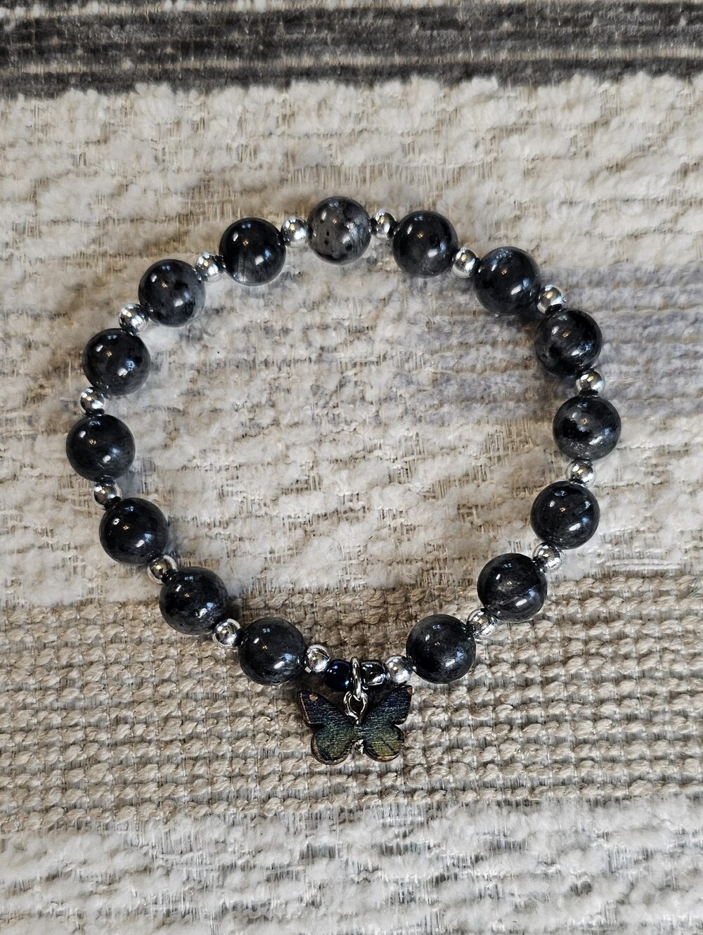 Genuine Obsidian Bead Bracelet with Butterfly Charm